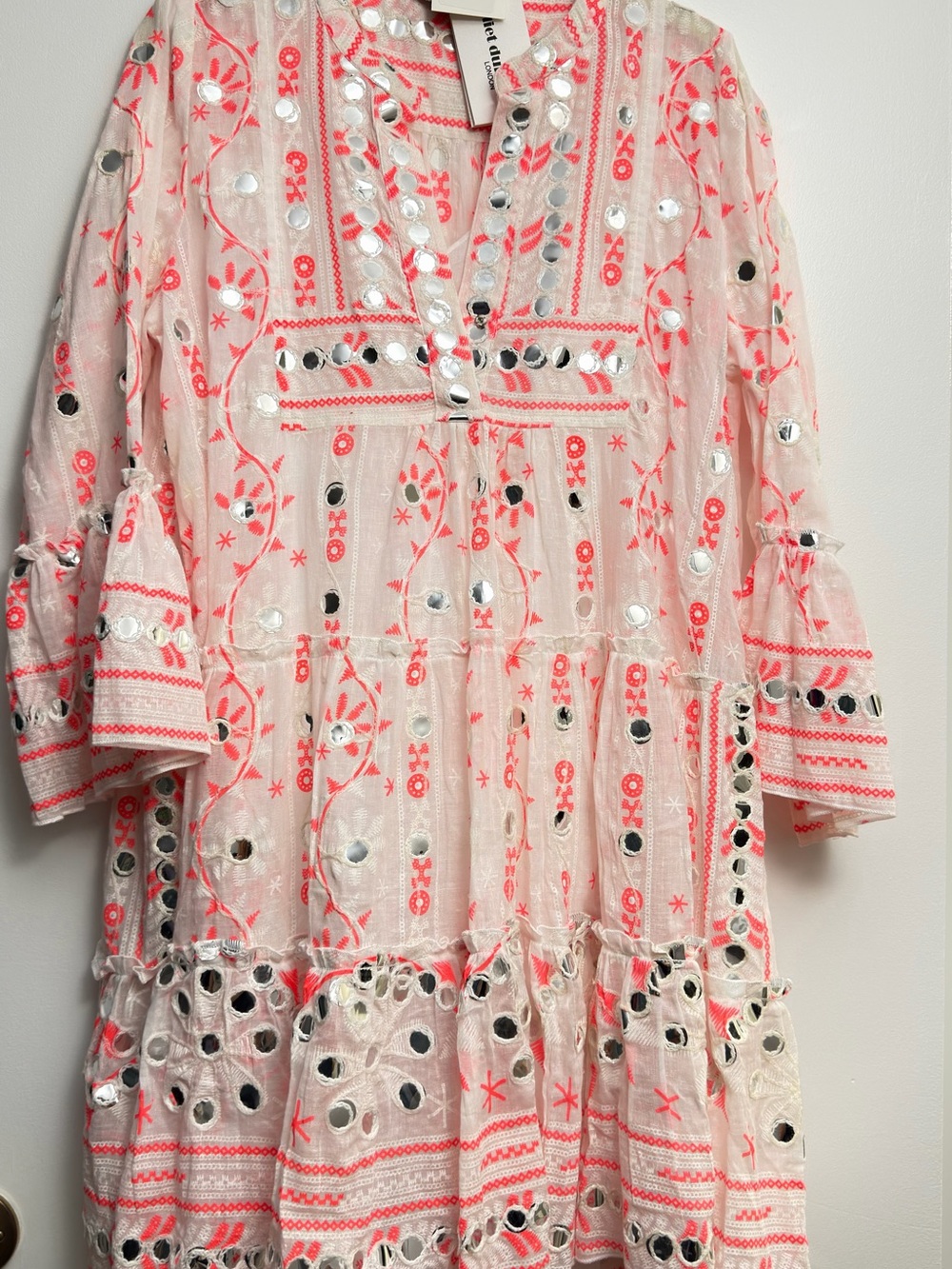 Juliet Dunn White & Pink Johri Print Bell Sleeve Dress with Mirrors accents